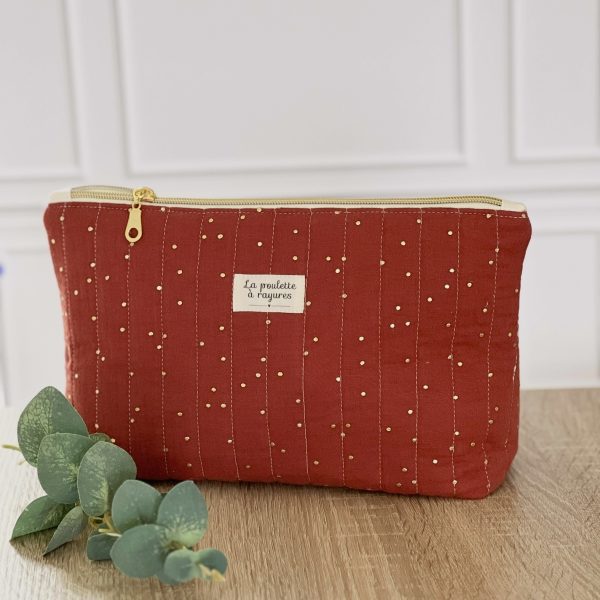 Trousse L matelassée en double gaze de coton tomette